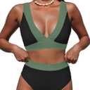 Hilinker Women's Leopard Bikini Swimsuits V Neck High Waisted 2 Piece Bathing Suits (Black Green Colorblock, S)
