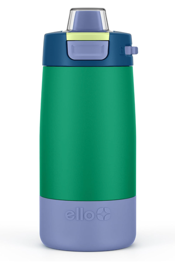 Ello Kids Colby 12oz Stainless Steel Insulated Water Bottle with Straw and BuiltIn Silicone Coaster Carrying Handle and LeakProof Locking Lid for School Backpack, Lunchbox, Tropical Wave