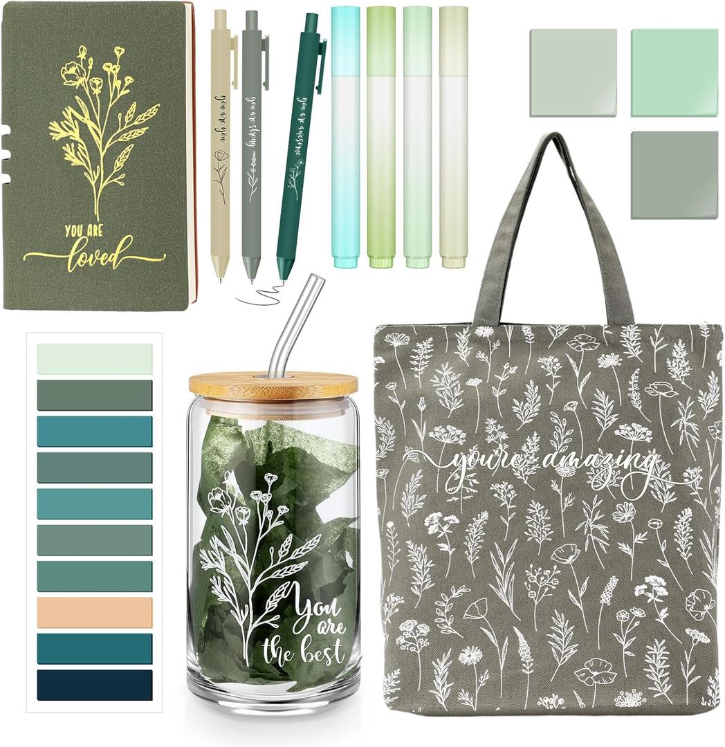 14 Pcs Inspirational Journal Kit for Women Aesthetic A6 Leather Journal Notebook Glass Cup Canvas Tote Bag Motivational Pens Thank You Gifts for Case Management Week Study Supplies(Green)