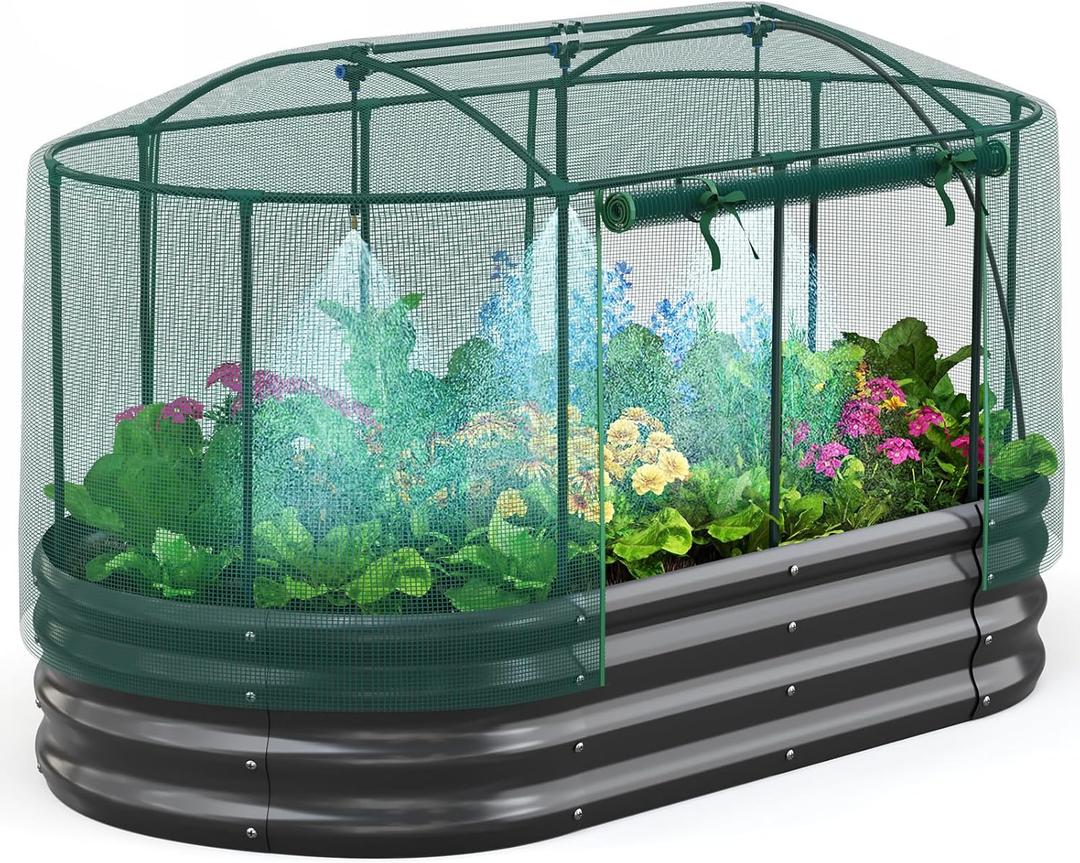 Quictent Galvanized Raised Garden Bed Kit with Self Watering System and Mesh Cover, Large Oval Metal Outdoor Planter Garden Boxes for Vegetables Herbs Flowers, 6x3x1Ft