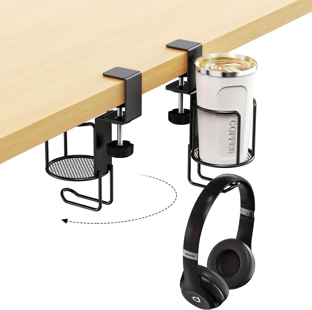CABTE 2 in 1 Desk Cup Holder with Headphone Hanger Holder, Anti-Spill Clip-On Table Cup Hook with 360 Rotation for Lawn Chair, Office Home Gaming Table (1 Pack)