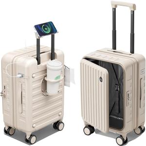 Expandable Lightweight PC Hard Shell Suitcase, 20-inch Carry On Luggage with TSA Lock, 360 Silent Spinner Wheels, Top Opening & Cup Holder - Ideal for Business Travel Suitcase (Ivory)