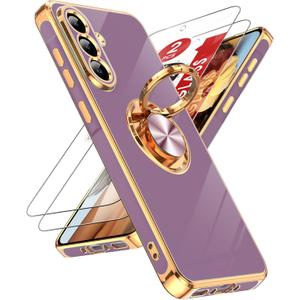LeYi for Galaxy A56-5G Case: with 2 Pack Tempered Glass Screen Protector and 360 Rotatable Ring Holder Magnetic Kickstand, Plating Rose Gold Edge for Galaxy A 56 5G Case, Purple