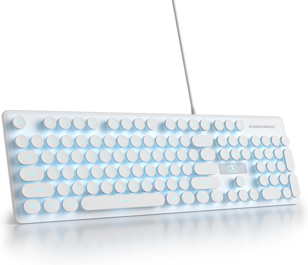 Wired Retro Typewriter Keyboard, Quiet Computer Keyboard Light up with Full Size 104 Round Keys Blue LED Backlit Slim Silent for Windows PC Laptop(White)