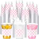 SiliFine 50 Pcs 12 oz Pink Checkered Plastic Cups Clear Disposable Gingham Plaid Party Cups for Racing Theme Birthday Wedding Baby Shower Party Decorations