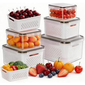 HOMETALL 5 Pack Fruit Storage Containers for Fridge, Plastic Fruit Containers for Fridge with Removable Colanders, Leakproof Fridge Organizers and Storage for Berry Vegetable Salad Lettuce Meat Food