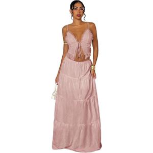 Floerns Women's 2 Piece Outfit Tie Front Camisole Top Tiered Maxi Skirt Set (Pink, M)