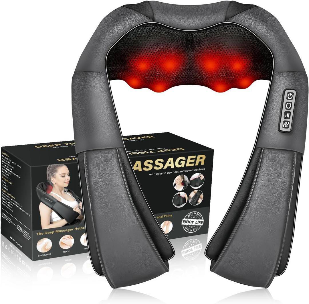 Shiatsu Electric Massager with Heat - 3D Kneading Pillow for Neck, Back, Shoulder, Muscle Pain Relief - Office, Home, Car Use - Fits Parents (Gray-button)