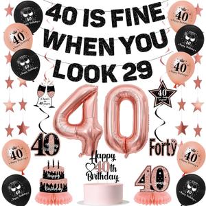 Roetyce 40th Birthday Decorations Women, Rose Gold 40 Is Fine When You Look 29 Banner Balloons Centerpieces Cake Topper, Pink 40th Birthday Party Supplies for Her, 40 Years Old Party Photo Backdrop
