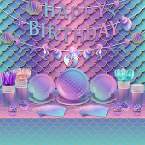 Roshtia 172 Pcs Mermaid Birthday Party Supplies (Serve 24) Disposable Mermaid Tableware Set for Girl Birthday Baby Shower Party with Plates, Cups, Napkins, Tablecloth, Backdrop, Banner