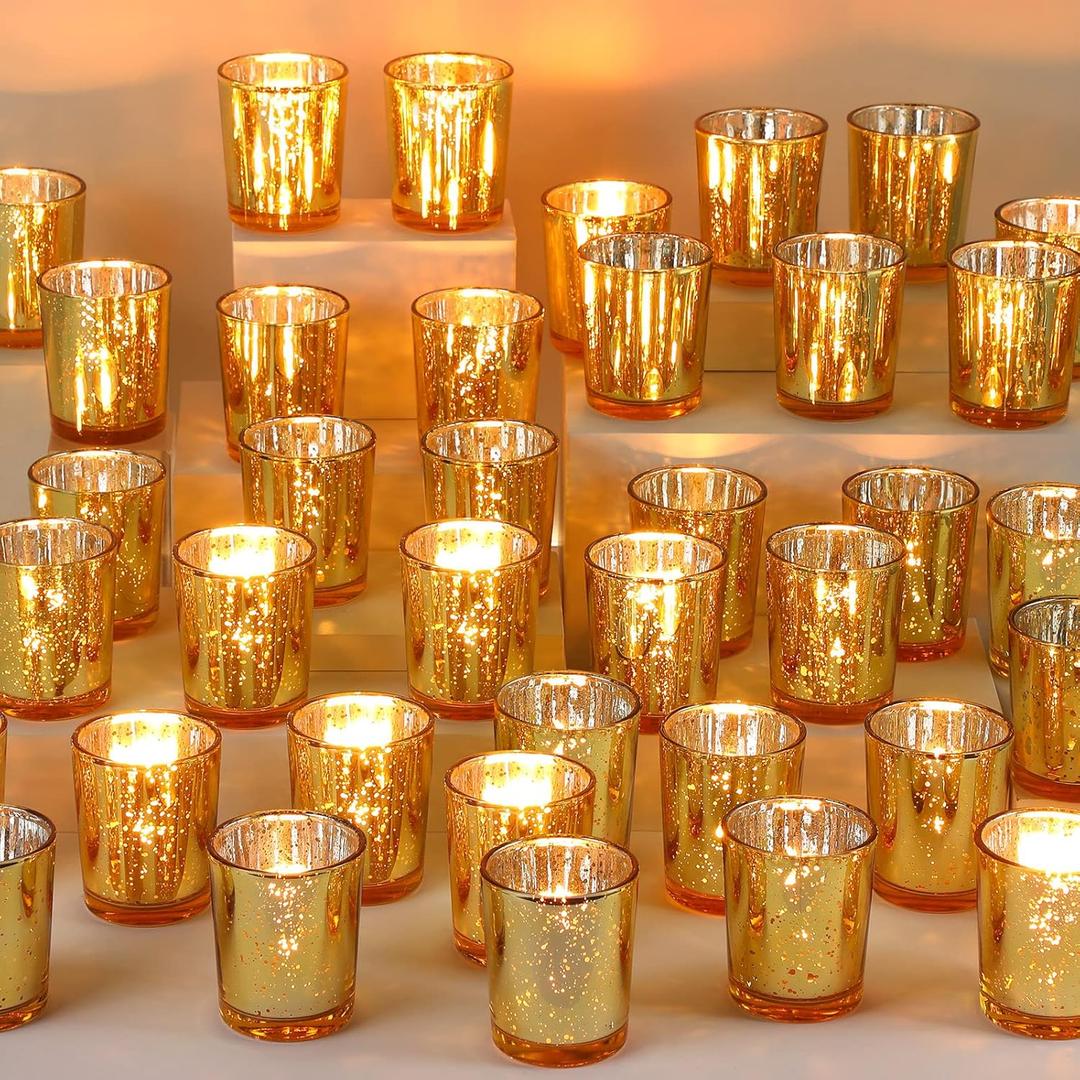 Raiten 50 Pcs Votive Candle Holder Bulk Glass Votive Candle Holder Tealight Candle Holder Valentine's Party Decoration Wedding Centerpiece for Table Home Bridal Shower(Gold)