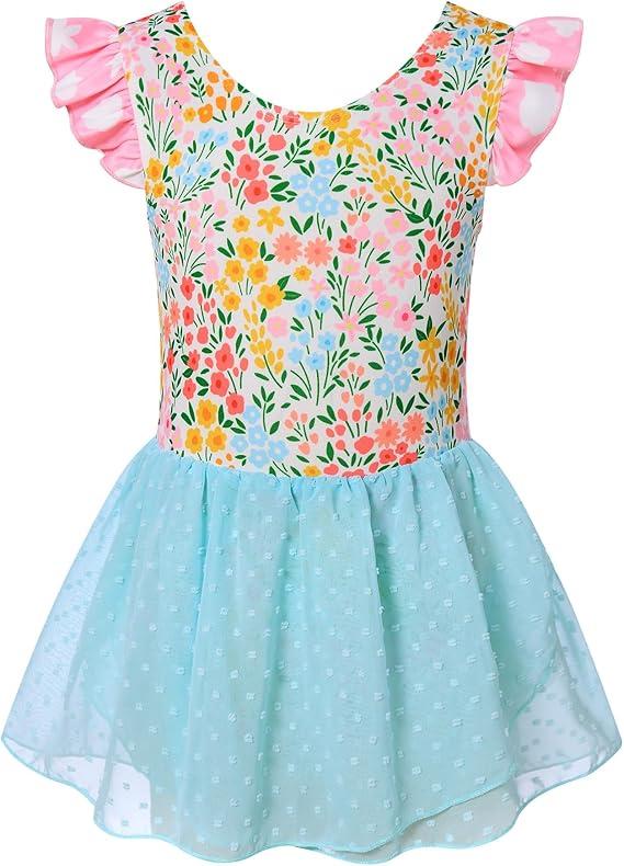 Funnycokid Ballet Leotard for Girls Dance Leotards with Skirt Toddler Ruffle Sleeve Ballerina Outfit (6 Years, Bowknot Blue)