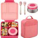 Bento Lunch Box Set for Kids with 8oz Soup Thermo, Leak-Proof Lunch Containers with 4 Compartment, Kids Thermo Hot Food Jar and Insulated Lunch Bag for Kid to School-Pink