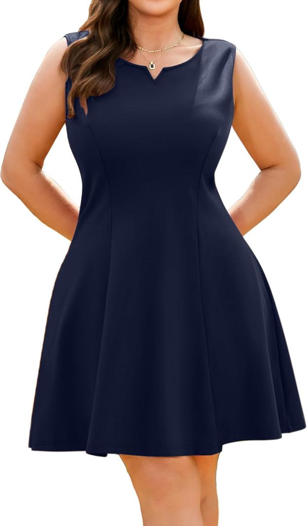 RWJ Women's Plus Size A-Line Mini Dress with Pockets Sleeveless Boat V Neck Semi Formal Cocktail Party Summer Short Dresses, Navy Blue, 3XL