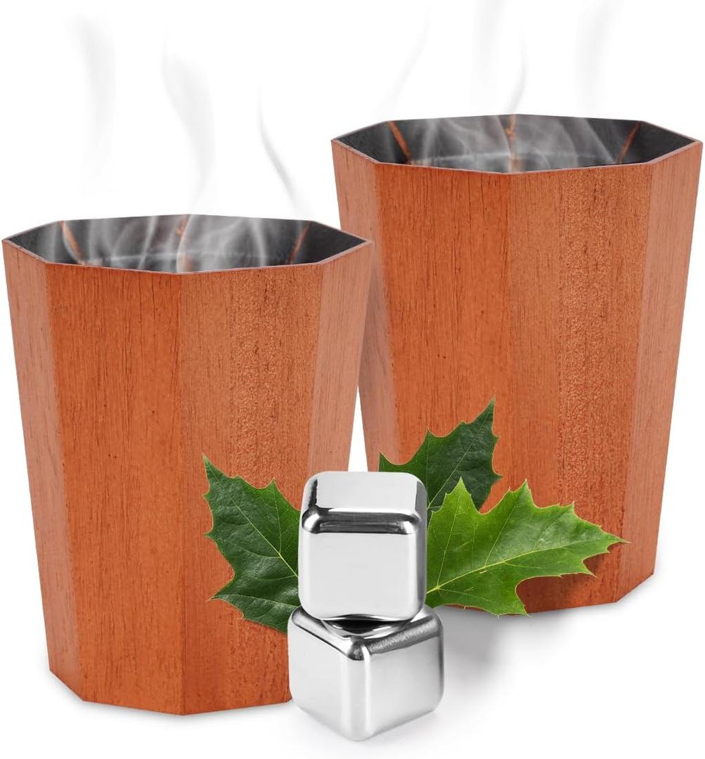 Charred Oak Whiskey Glasses Set of 2 - Wooden Bourbon Drinking Tumbler Cups Old Fashioned with 2 Ice Cubes - Dad Husband Whiskey Lovers | Birthday Anniversary Fathers Day Home Bar Unique Gifts for Men