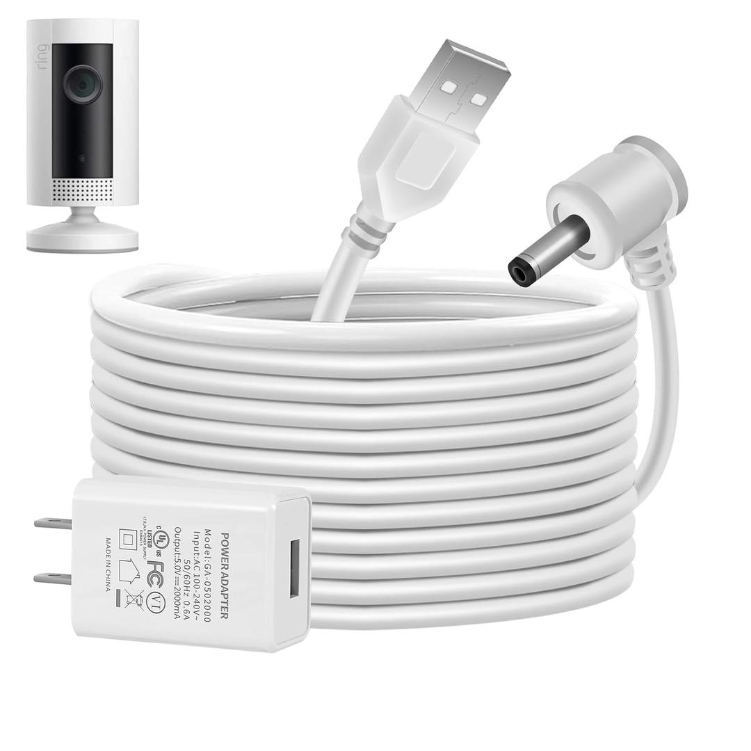 Charge Cords 30ft for Ring Weatherproof Indoor Outdoor Charging Cable with Quick 2Amp Power Adapter for Ring Stick Up Cam Battery 3rd Gen/2nd Gen & Spotlight Cam Battery (White,1 Pack)