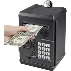 Mini ATM Piggy Bank ATM Machine Best Gift for Kids, Electronic Code Piggy Bank Money Counter Safe Box Coin Bank for Boys Girls Password Lock Case (Dark Grey)