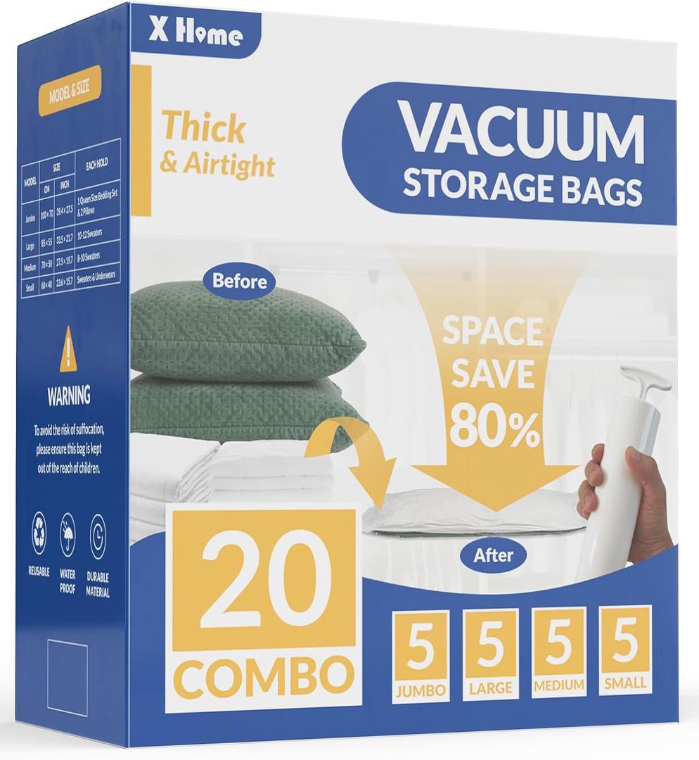 19 Pack Vacuum Storage Bags, 80% Space Saver Vacuum Seal Bags for Clothing, Bedding, Blankets, Comforters, and Pillows, Vacuum Compression Bags with Travel Hand Pump