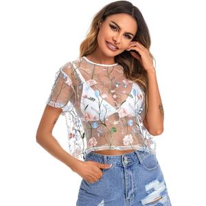 SweatyRocks Women Sheer Mesh Crop Tops Floral Embroided See Throught Short Sleeve Tee Shirt Blouse,Small