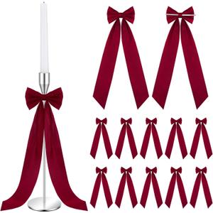 Teenyyou 12 Pcs Red Valentines Candlestick Bows Decor 13 Inch Large Coquette Decorations Bows for Table Self Adhesive Candle Holder Gift Wrapping Wedding Bridal Shower Bachelorette Party Centerpieces