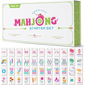 Mini Mahjong Set for Kids & Beginners, Portable Travel Mahjong Tiles Set American for Family, 160 Acrylic Mini Mahjong Tiles with Carrying Bag, Mat, Racks, Mah Jong Starter Kit for Ages 6+ (Green)