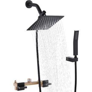 2 Handles Shower Faucet Set Rain Shower Head with Handheld Shower Combo Set Dual 2 in 1 Shower System Wall Mounted Matte Black