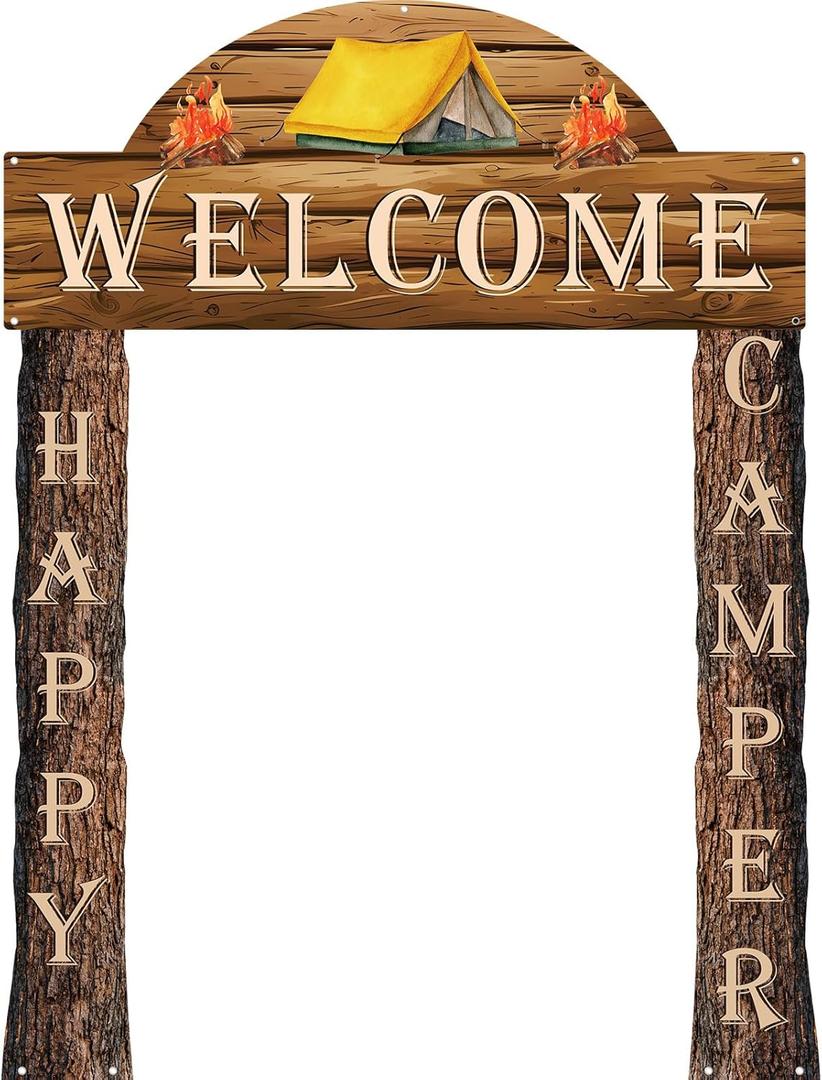 Peryiter 3 Pcs Camping Themed Party Decorations Banner Welcome Porch Sign with 1 Double Sided Tape for Summer Camp Birthday Hawaii Baby Shower Themed Party Activity Decor Door (Happy Style)