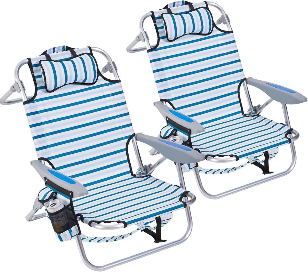 2 Pack Lightweight Portable Camping Beach Chair for Adults, Outdoor Lay Flat Folding Beach Chairs with 5 Positions, Backpack Beach Chair with Towel Bar, Zipper Pouch, Cup Holder, White Striped