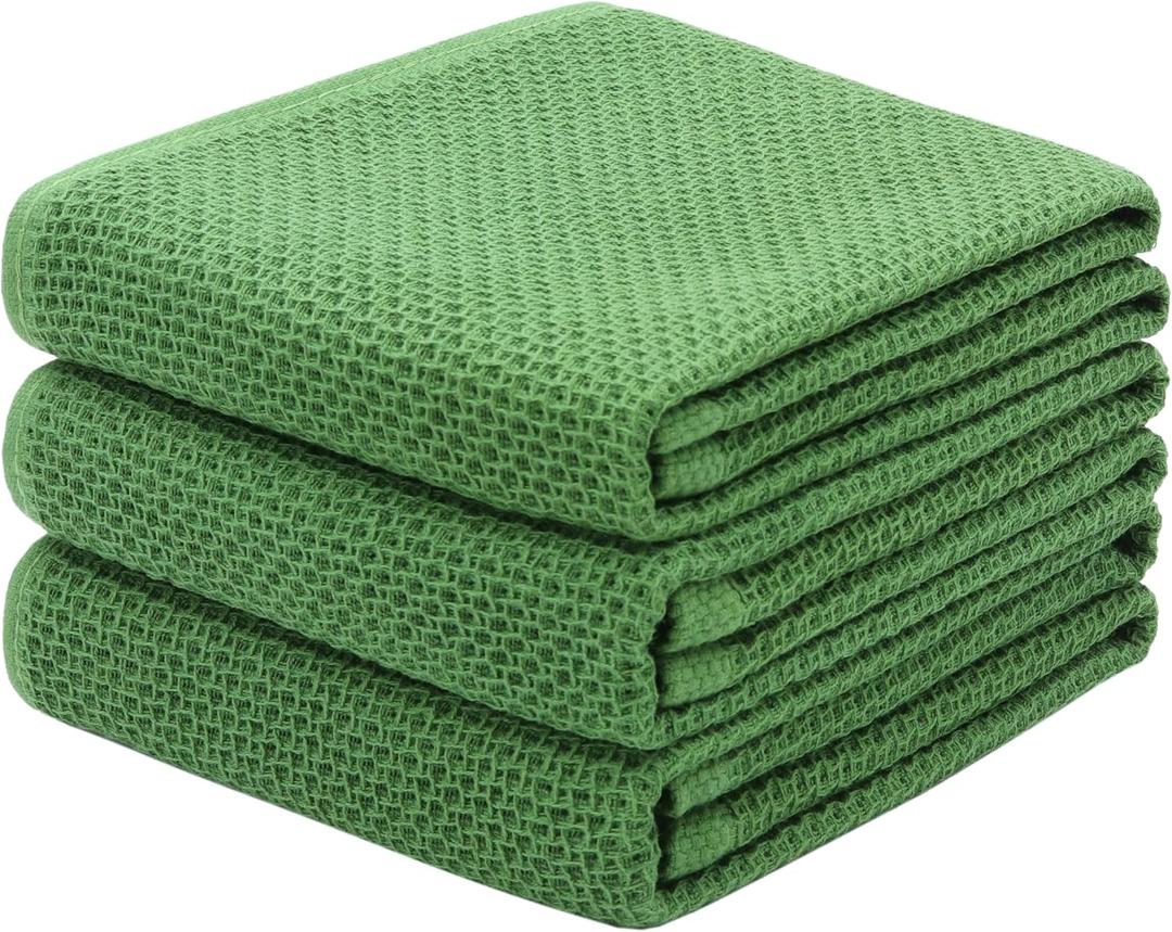 Mia'sDream Cotton Kitchen Towels and Dish Cloths Sets, Waffle Weave Dish Towels for Kitchen Drying Dishes, Soft and Absorbent Kitchen Hand Towels Washcloths, 13inch x 28inch 3 Pack (Green)