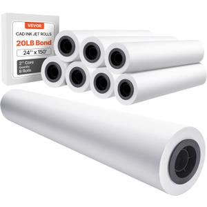 VEVOR Wide Format Paper, 24 in x 150 ft Plotter Roll, 8 Rolls CAD Bond Rolls with 2 in Core, 20 LB Bond Paper Rolls, Ideal for CAD Drawings, Engineering Plans, GIS Maps, and Architectural Designs
