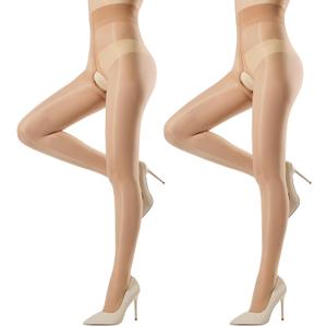 Yilanmy 2 Pairs Shiny Sheer Tights for Women Oil Shimmer Pantyhose Control Top Glossy Stockings (White, S)