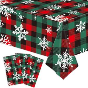 KALOR 3 Pack Christmas Tablecloth, 54 x 108 Inch Red Green Snowflake Large Disposable Table Cover, Waterproof Vintage Cloth for Party Decorations Supplies