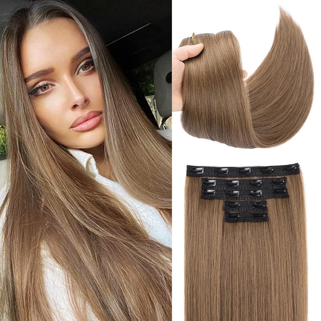 REECHO Clip in Hair Extensions, Hair Extensions Thick Long Lace Weft Lightweight Synthetic Hairpieces for Women (24 Inch-240 Gram(Pack of 5), Light Chestnut Brown)