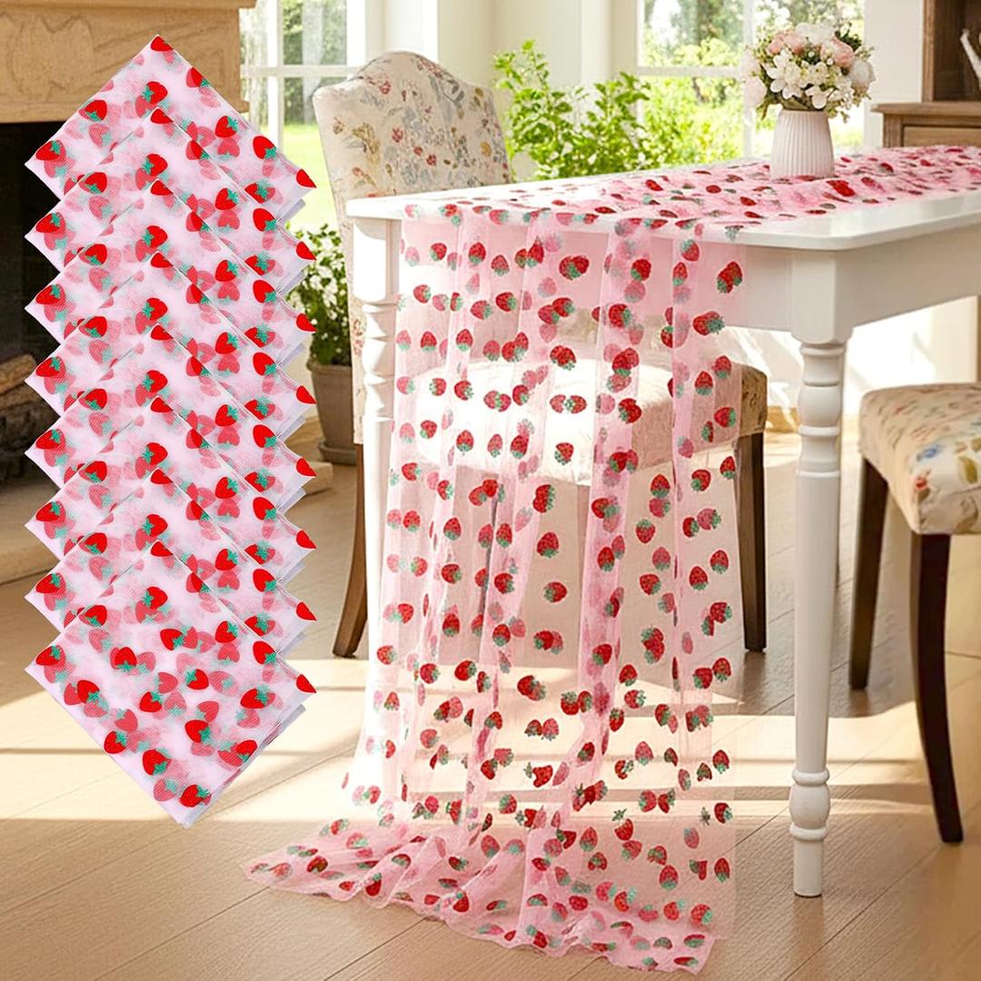 8 Pcs Strawberry Shiny Glitter Tulle Table Runner 29x70 Inch Pink Sheer Lace Tablecloth for Party Decorations Shortcake Birthday Wedding Bridal Shower Party Home Kitchen Table Decor