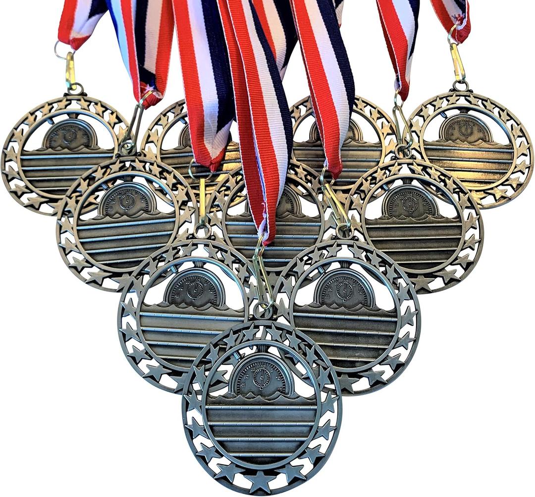 10 Pack of 2.5 Inch Die Cast Metal 2nd Place Swimming Award Medallions with Antique Silver Finish and Red White & Blue Neck Ribbons
