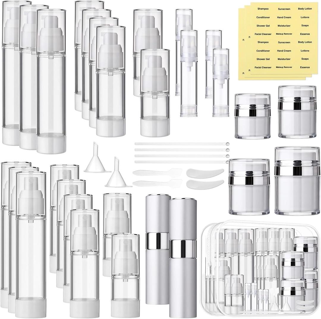 Meanplan 43 Pack Airless Pump Jars Set 1.7/1/0.7/0.5/0.34/0.17oz Clear Skincare Containers with Label Bag Refillable Makeup Skincare Travel Size Empty Bottles for Toiletries, Lotion, Liquid, Cream