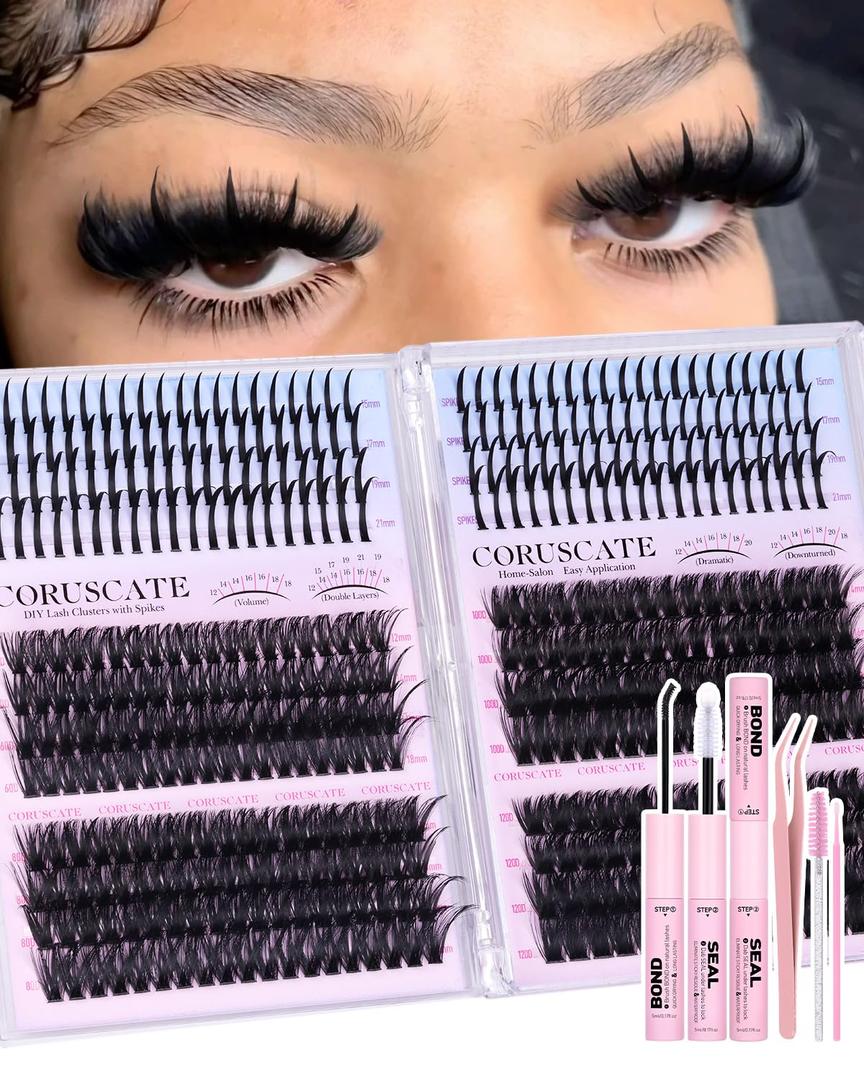 CORUSCATE Lash Clusters Kit 464pcs Wispy Lash Clusters with Spikes 60D+80D+100D+120D Eyelash Clusters Kit Thick Cluster Eyelash Extensions Mega Individual Lashes Spike Mink Lash Bond and Seal Glue