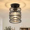 Semi Flush Mount Ceiling Light Fixture, 1-Light Spiral Cage Hallway Light Fixture Handblown Clear Seeded Glass Kitchen Lights Rustic Vintage Ceiling for Entryway Porch Foyer, Black