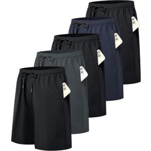 5 Pack Mens Athletic Gym Workout Shorts Quick Dry Basketball Running Lightweight Shorts with Pockets (Large, 3 Black 1 Blue 1 Gray)