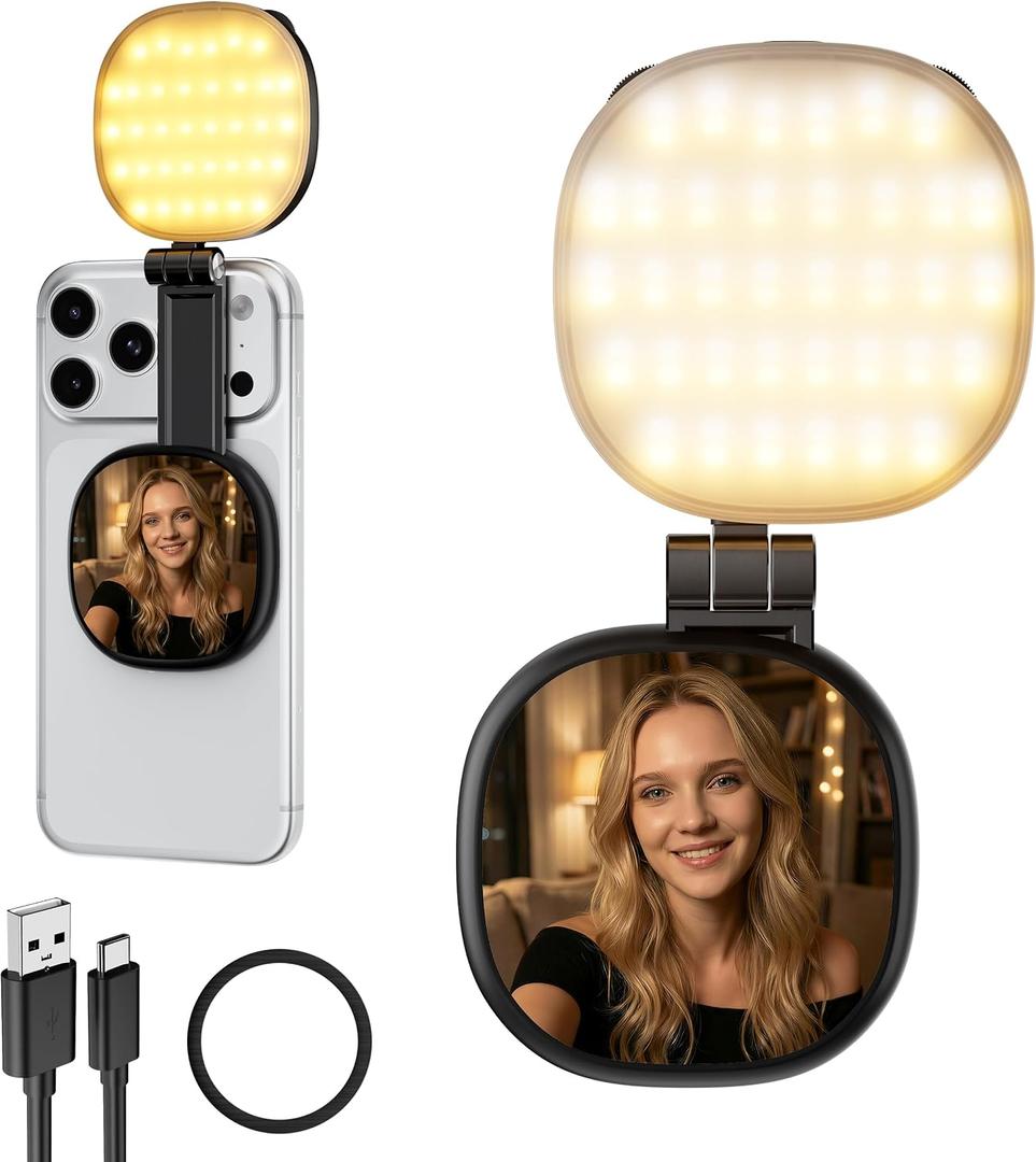 Foldable Magnetic Phone Selfie Light: No Camera Blocking CRI 95+ with Mirror & Adjustable & Rechargeable for Selfies/Photography/Vlog/Conference/Video Recording/Content Creator (Black)