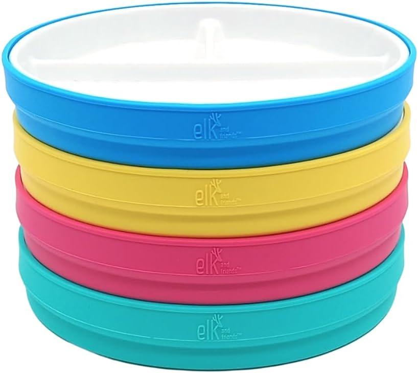 Elk and Friends Kids 7.8 Porcelain White Plates with Silicone Sleeves | Divided Plates | Suitable for Kids/Toddlers | Microwave & Dishwasher Safe | Non Slip | Snack Dishes (Pink/Teal/Blue/Yellow)