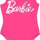 Barbie Girls One Piece Swimsuit, Cross-Back Bathing Suit Logo, Quick-Drying Kids Swimwear for The Beach or Pool (Pink, Size 7/ 8)