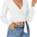 Women's Wrap V Neck Self Tie Knot Bishop Long Sleeve Ribbed Knit Crop Blouse T-Shirt Top XL