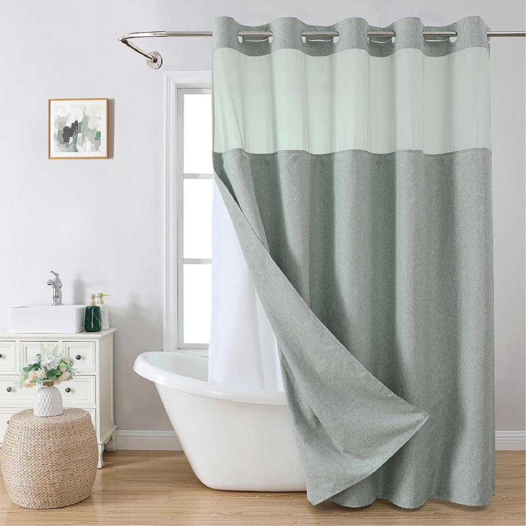 eachope Extra Long No Hooks Needed Linen Textured Shower Curtain with Snap-in Fabric Liner Set, Sage Green Hotel Luxury Decor Shower Curtains for Bathroom, Waterproof & Washable, 71Wx86H