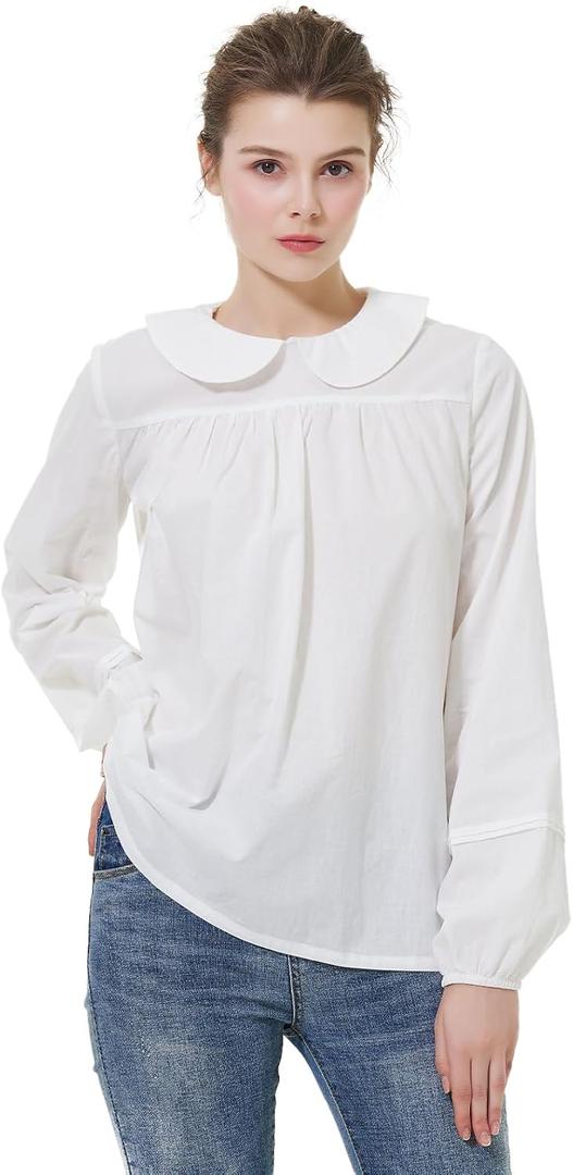 BEAUTELICATE Women Edwardian Shirt Petter Pan Collar Back Buttons Long Puff Sleeve Victorian Blouse (White, L)