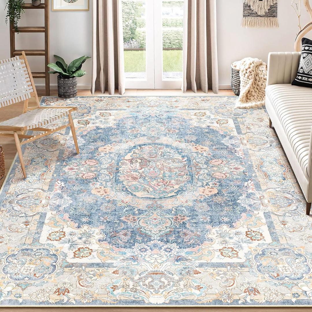 Boho Vintage Floral Area Rug 8x10, Washable Rug for Living Room