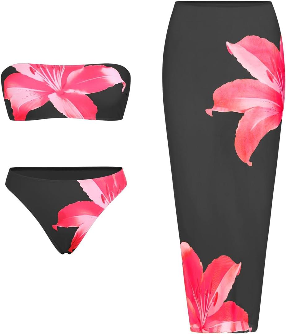 ZAFUL Womens 3pcs Bikini Swimsuits Bandeau 3 Piece Swimwear High Cut Bikini Sets with Long Sheer Coverup Dress 1-Floral Black M