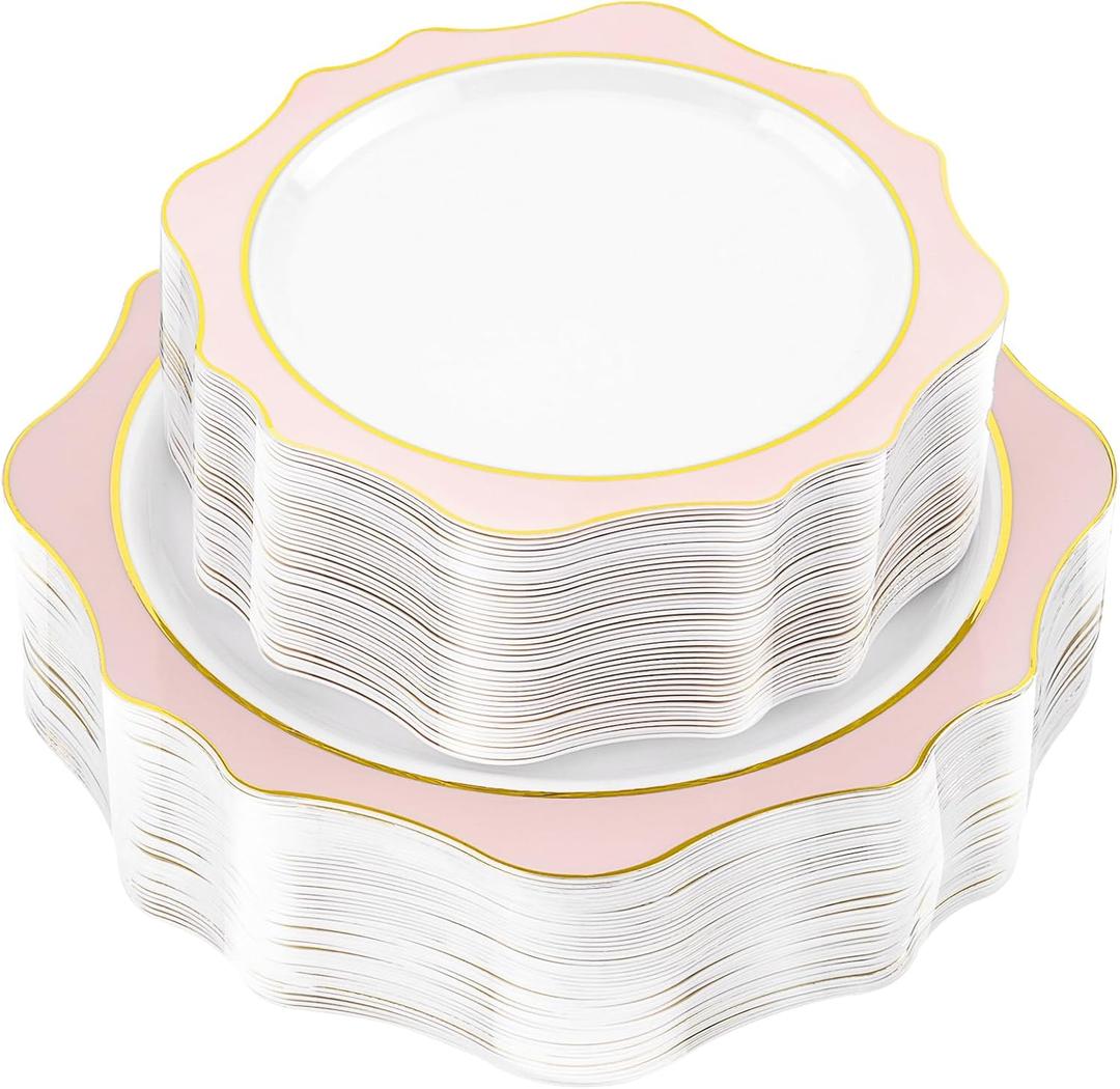 100 PCS White and Pink Disposable Plates for 50 Guests, Scalloped Plastic Plates Include 50 Dinner Plates and 50 Dessert Plates for Party, Wedding and Graduation