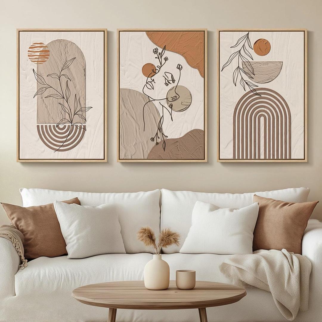 Neutral Framed Large Boho Canvas Wall Art, 3 Piece Bohemian Earth Tone Prints Paintings Artwork for Walls, Elegant Abstract Woman Face Pictures for Living Room, Bedroom, Office Wall Decor -16x24 Inch