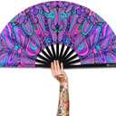 Large Folding Fan, 13 Inch Clack Rave Fan Hand Held Fan for Women Men with Premium Satin Fabric, Thick Bamboo Frame for EDM, Music Festival, Party, Dance, Decoration, Gift (Psyche Maze)
